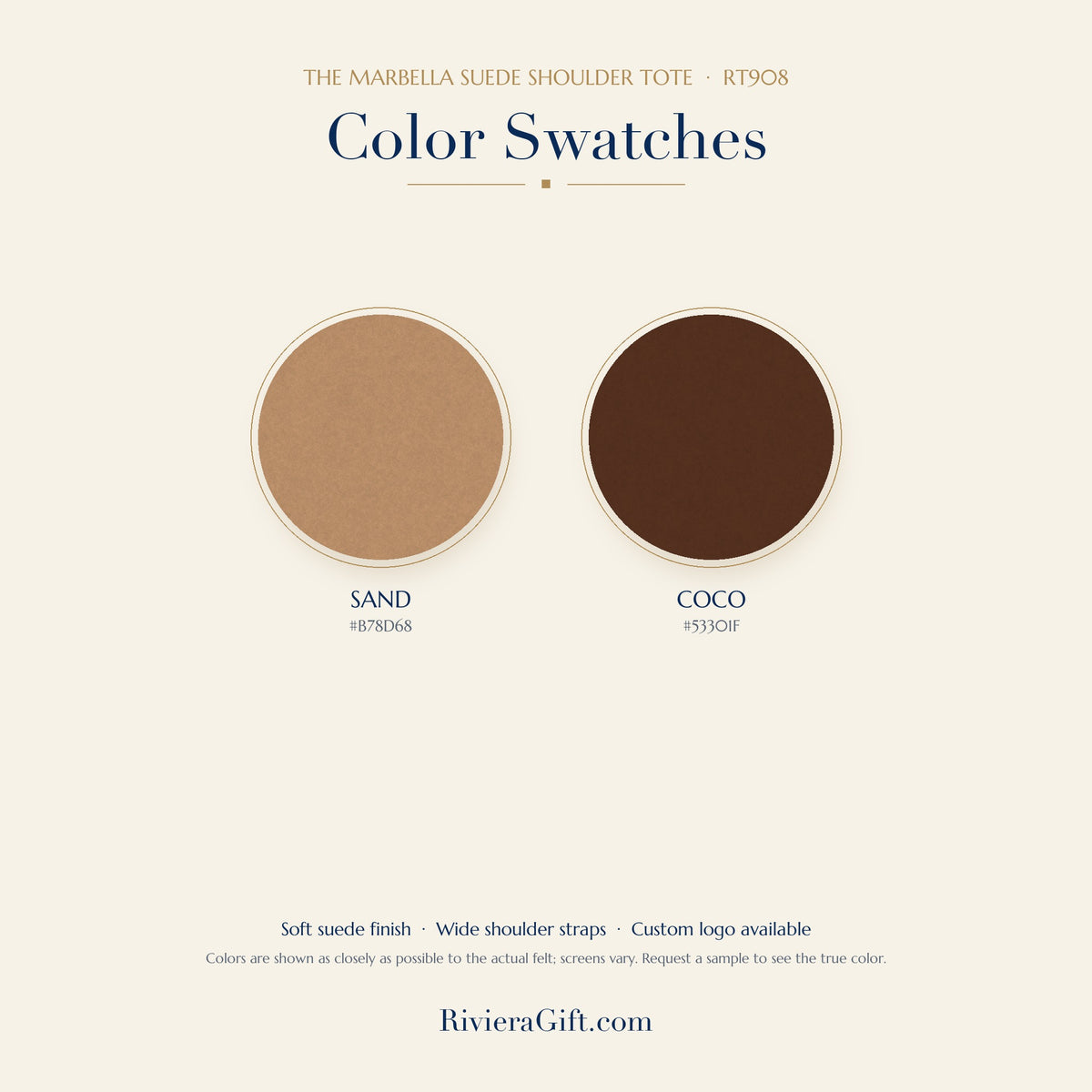 Marbella suede tote color swatches: Sand and Coco