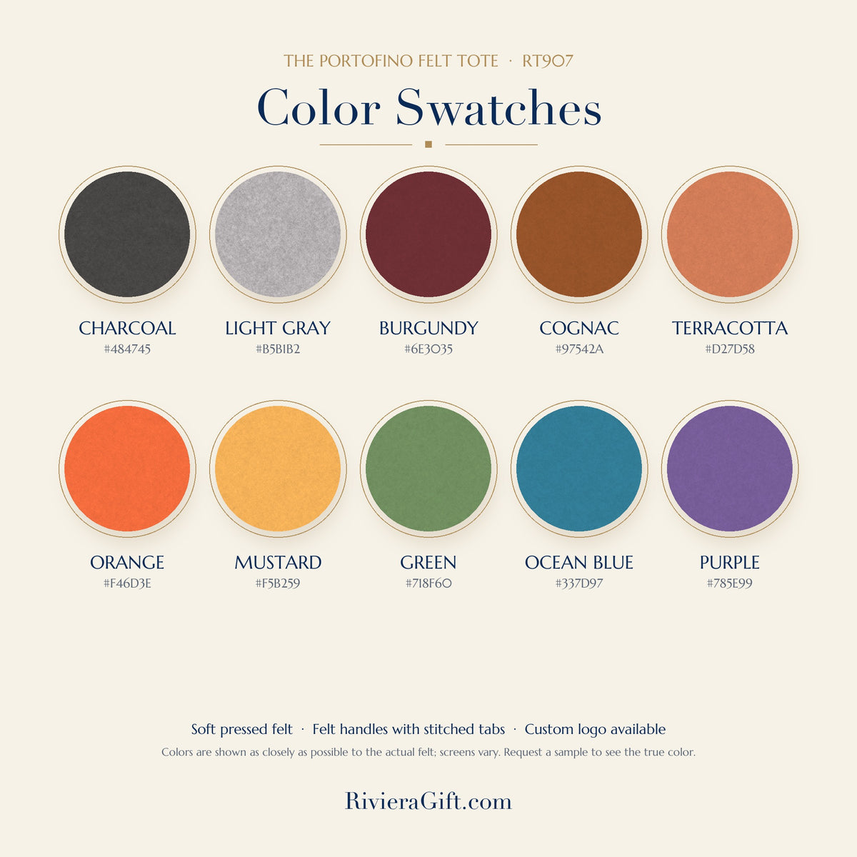 Portofino felt tote color swatch sheet with ten felt colors
