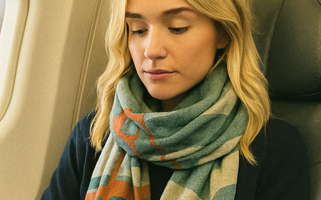 Woman using a laptop on an airplane with a colorful scarf