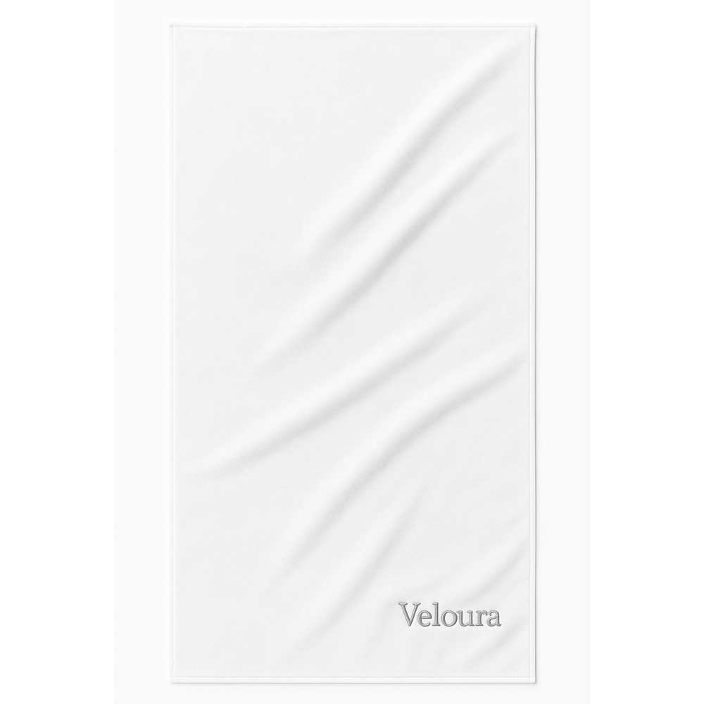 White terry velour cotton towel with 'Velour' logo embroidered  text on a white towel. 
